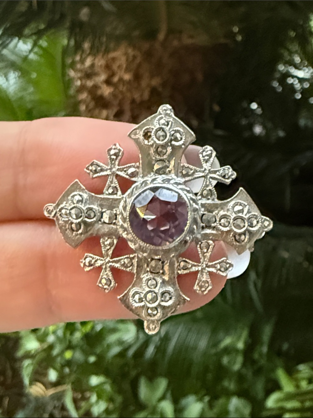 Vintage Jerusalem Cross Brooch with Purple Gem Stone